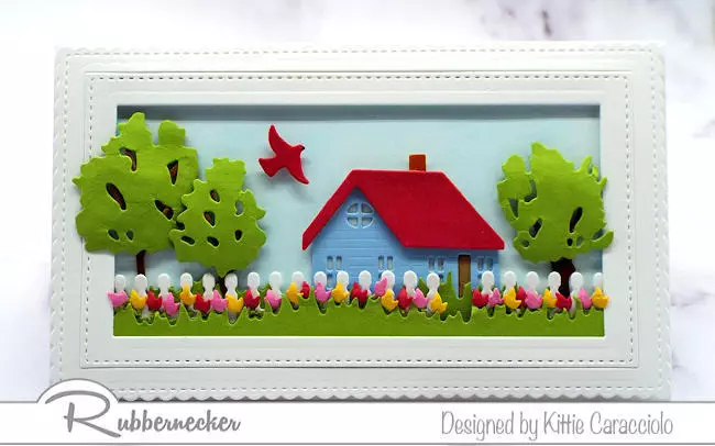 a mini slimline scene card cottage themed and full of spring details made with easy to use card making dies