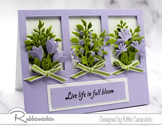 beautiful purple die cut flowers adorn this handmade mini slimline floral card made with brand new dies from Rubbernecker