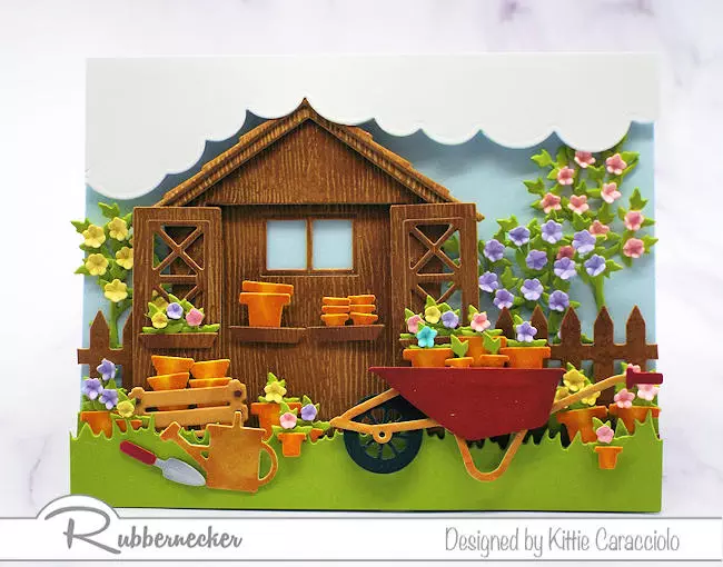 realistic touches on this die cut potting shed create a handmade greeting card loaded with spring details