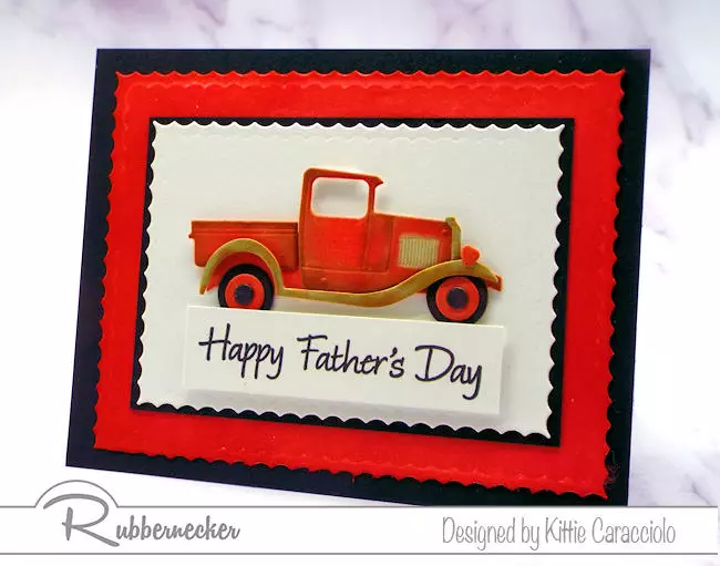 A Model A truck die cut card with an expertly colored vintage pickup truck on a layered background of red, black and white