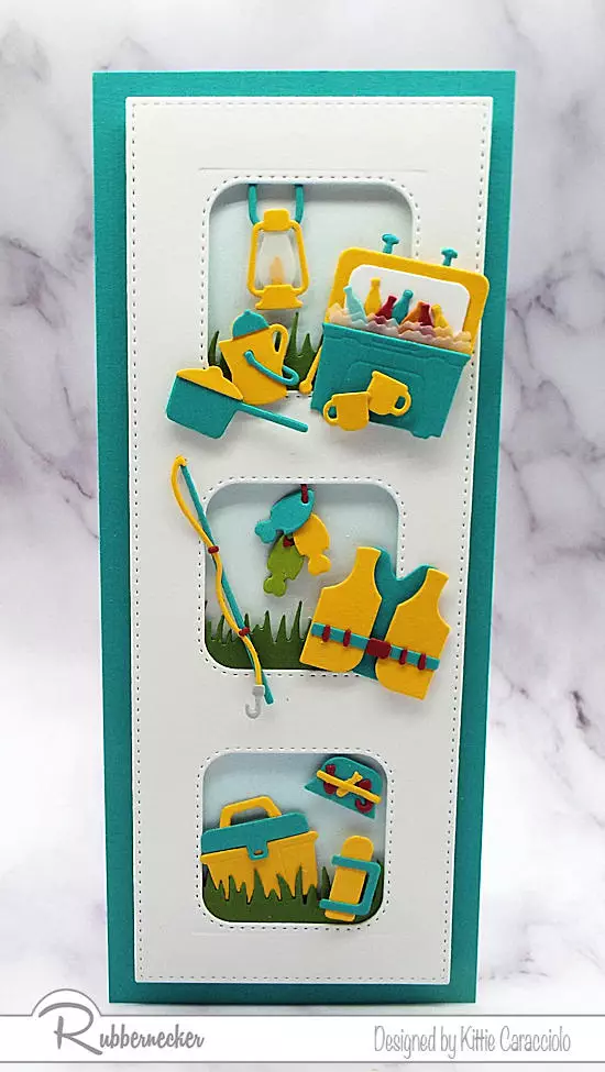 A slimline fishing and camping card made using dies from Rubbernecker to create the yellow, teal and red lifelike detailed elements.