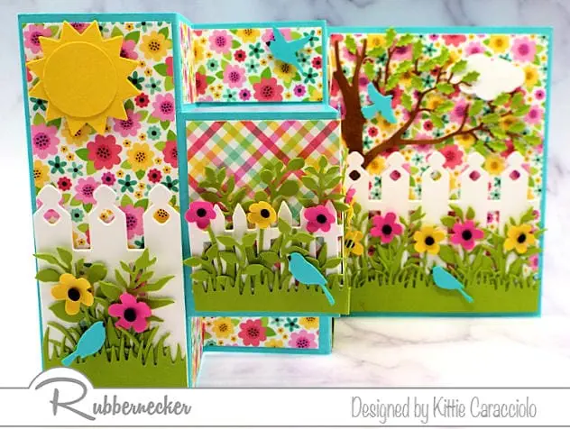 Lots of 3D details adorn this fun fold accordion card, made in bright summery colors and floral prints from an easy to use premade card template.