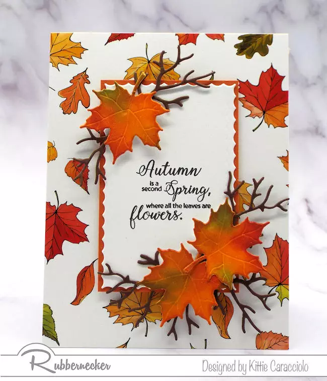 An example of quick and easy handmade Fall cards created with patterned paper as the background and die cut detailed maple leaves as the focal elements.