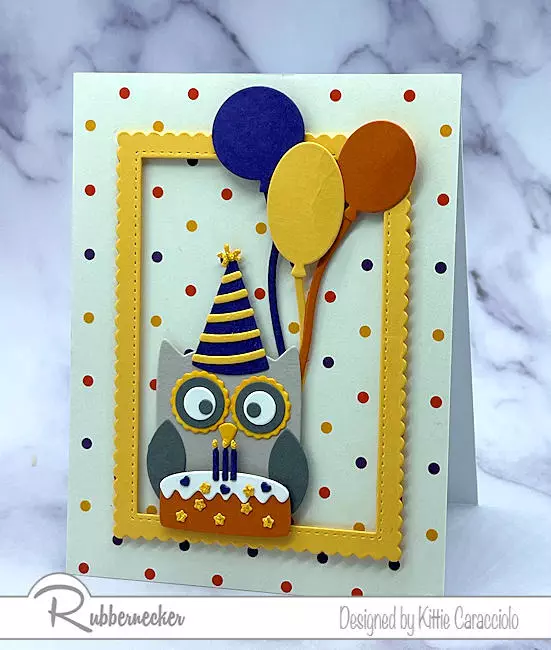 A sweet and easy handmade die cut owl birthday card with lots of colorful details made with the dies.