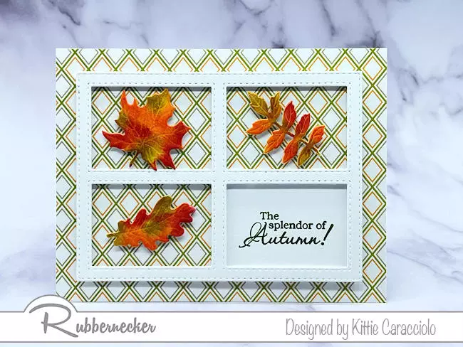 A perfect example of easy Autumn card ideas using a few die cuts leaves and pretty designer paper for the background.