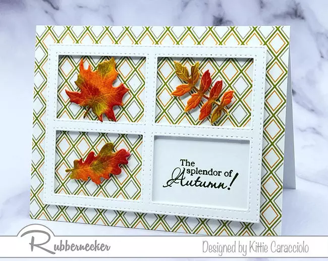 An example of quick and easy Autumn card ideas created with patterned paper as the background and die cut leaves as the focal elements.