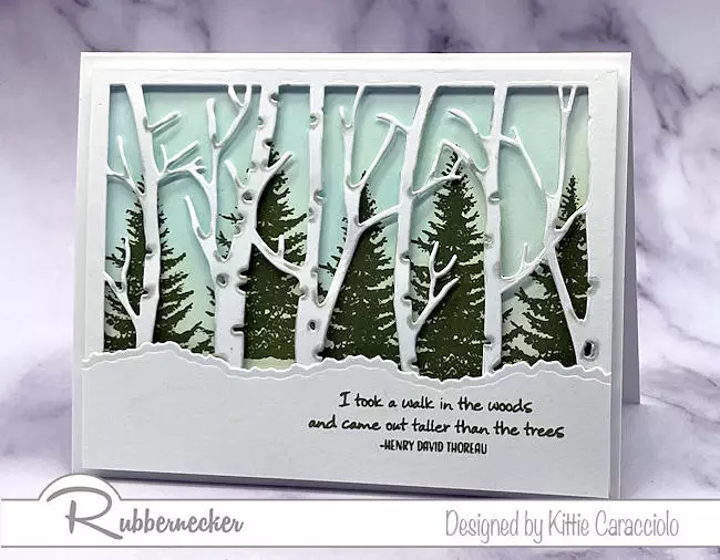 A beautiful, dimensional handmade winter birch card made easily with simple stamps and die cuts.