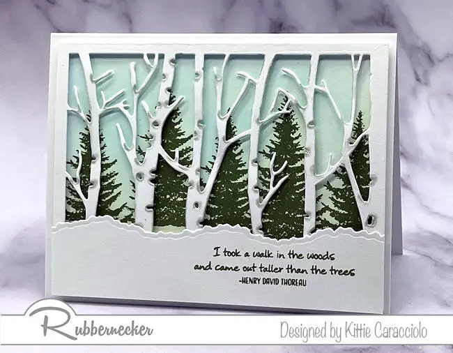 A beautiful, dimensional handmade winter birch card made easily with simple stamps and die cuts.