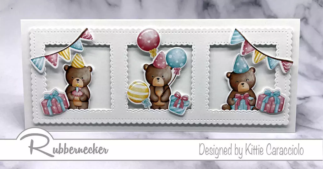 A handmade slimline teddy bear birthday card made with pre-printed and die cut elements arranged over a die cut frame.
