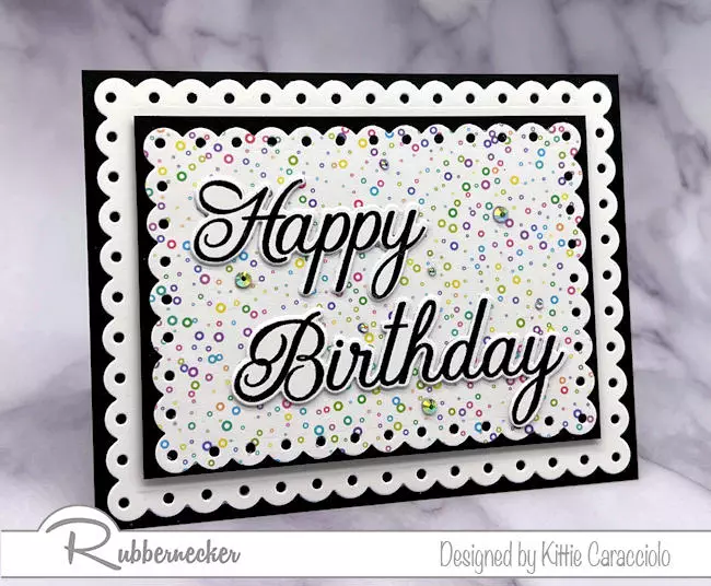 An idea for quick and easy DIY birthday cards made with black and white card stock die cut layers set off with a fun, festive patterned paper.