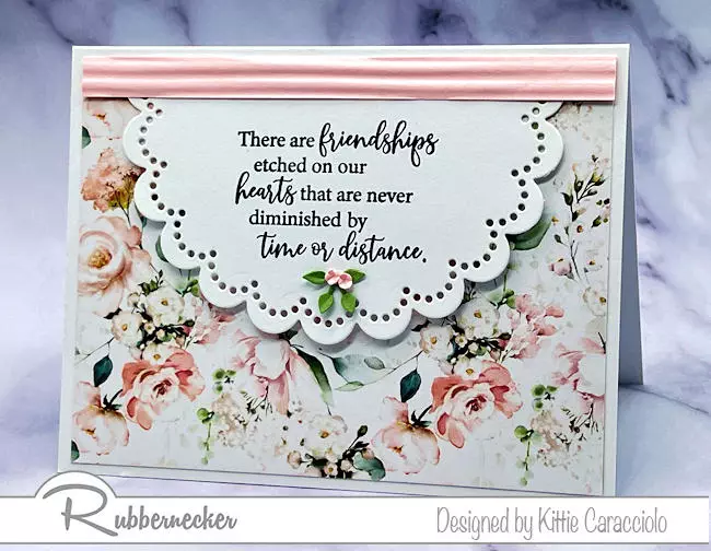 One of the best quick and easy handmade card ideas with a simple stamped die cut set over a pretty patterned paper background.
