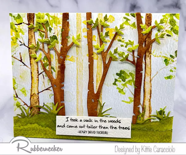 A single design from the Rubbernecker Scenic Route Paper Pad with die cut details creates a handmade card that looks hand painted with lots of beautiful details in the small copse of trees with an airy background.