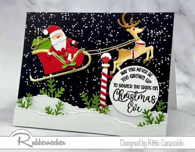 Learn how to make a Santa scene card like this where he's fling through the night sky on his delivery route!