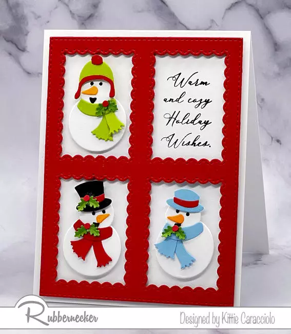 Three adorable little die cut characters set inside the windows of an easy to make die cut frame make up this quick and easy handmade card with mini snowmen.