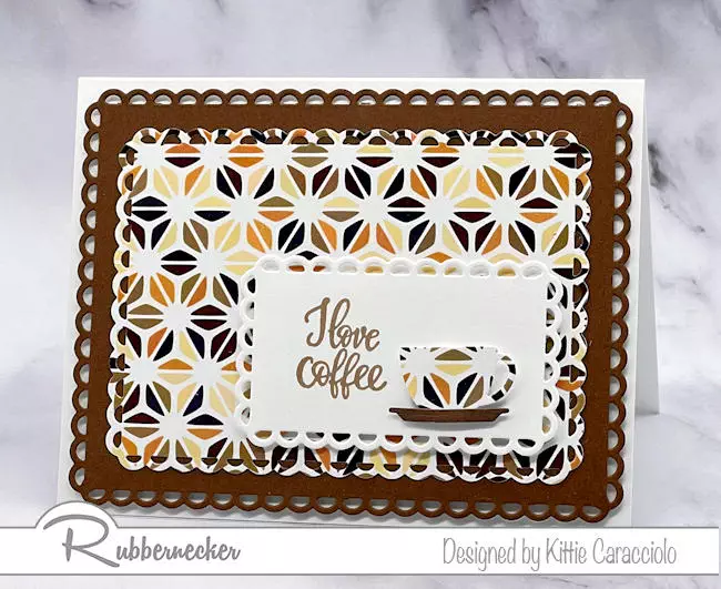 A handmade coffee card made with layered dies to create a patterned background with a simple sentiment and a die cut coffee cut as the feature.