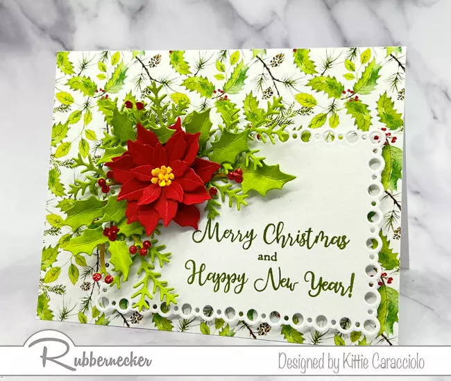 Get the tips to make a die cut poinsettia pop on a card like this one against a patterned paper and simple die cut sentiment layer.
