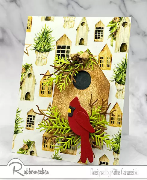 A handmade die cut cardinal card all made with dies and paper from Rubberncker.