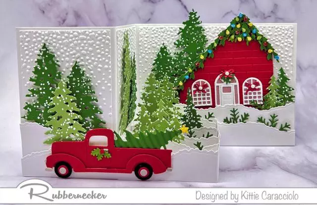 Using today's Z fold box card assembly tutorial this winter scene card was made with lots of die cuts from Rubbernecker to create the cottage and classic red pick up truck.