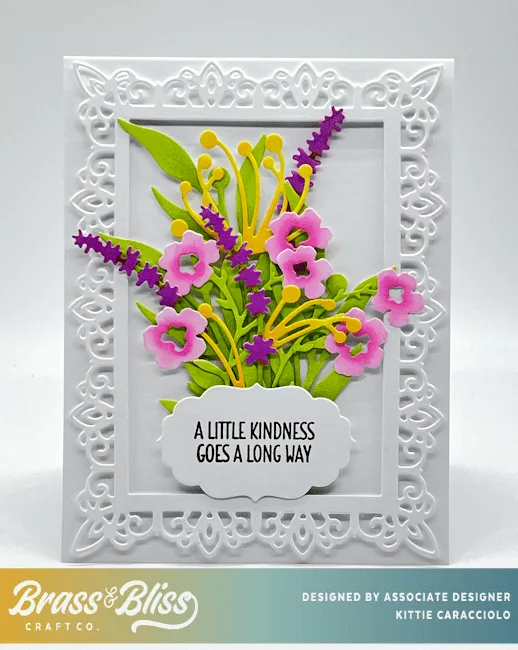 Showing off several new dies from the Brass and Bliss Garden Party release to create this colorful spring flowers bouquet.
