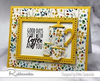A handmade coffee card with patterned paper as the background and as the china pattern on the pot and cups.